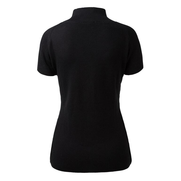 Achteraanzicht van een zwarte korte mouw trui met staande kraag.