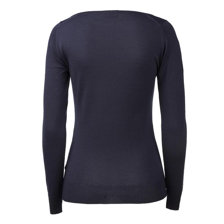 ronde hals, navy Achteraanzicht van een donkerblauwe trui met lange mouwen.