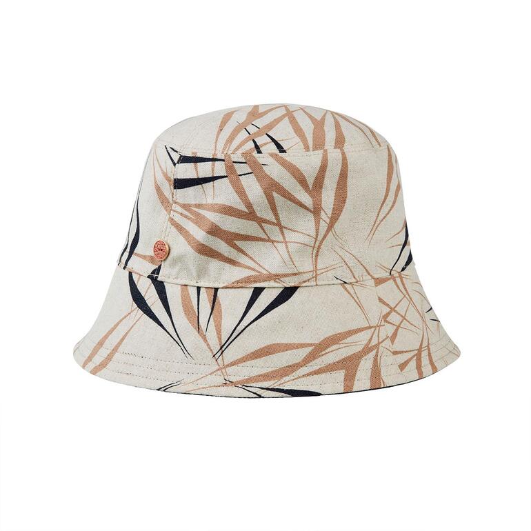 Omkeerbare bucket hat met plantenmotief op een witte achtergrond.
