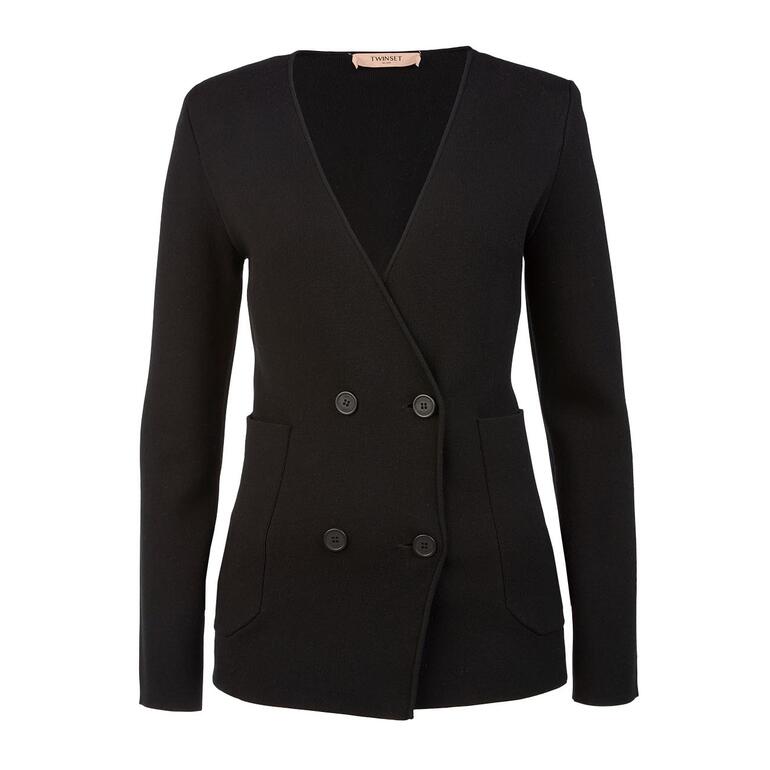 blazer Zwarte blazer met V-hals, twee knopen en zakken.