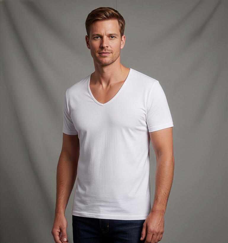 Man draagt een eenvoudig wit V-hals T-shirt in een neutrale omgeving.