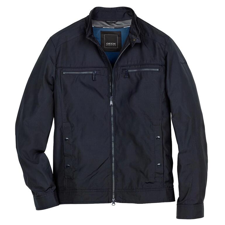 Donkerblauwe functionele jas van Geox, voorkant zicht op een tafel.
