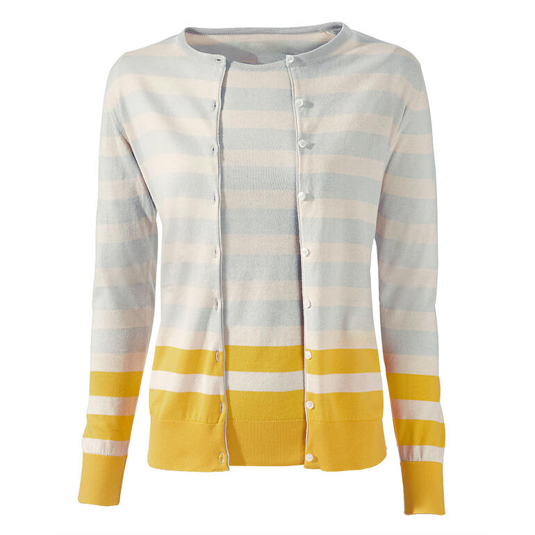Voorkant van de Smedley gestreepte twinset met knopen in geel, ecru en ijsblauw.