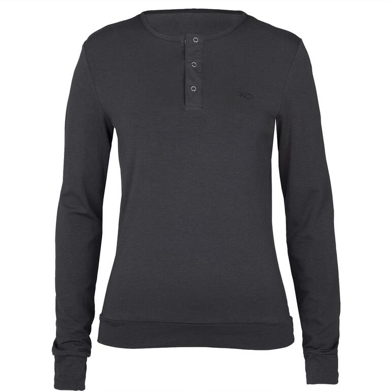 dames Voorkant van een donker lang pyjamashirt met knopen.