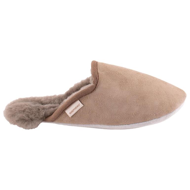 steen Zijaanzicht van de beige Shepherd lamswollen pantoffels met zachte voering.