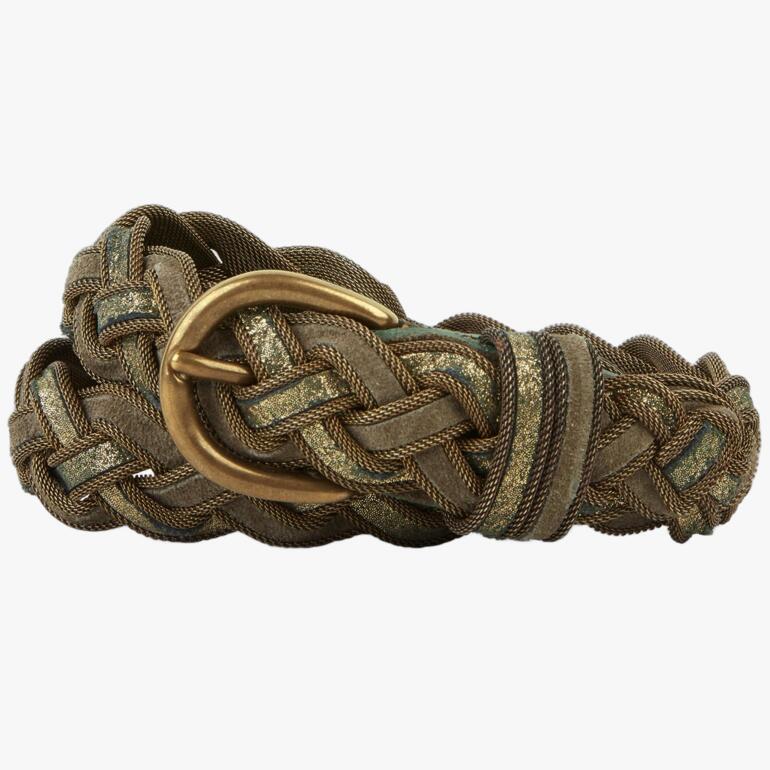 Nanni metalen vlechtceintuurs die goud-bruin is met decoratieve sluiting.