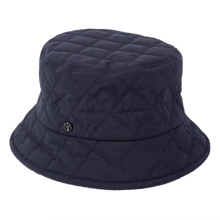 Gelaagde regenhoed in donkerblauw met een glad oppervlak en een logo aan de zijkant.
