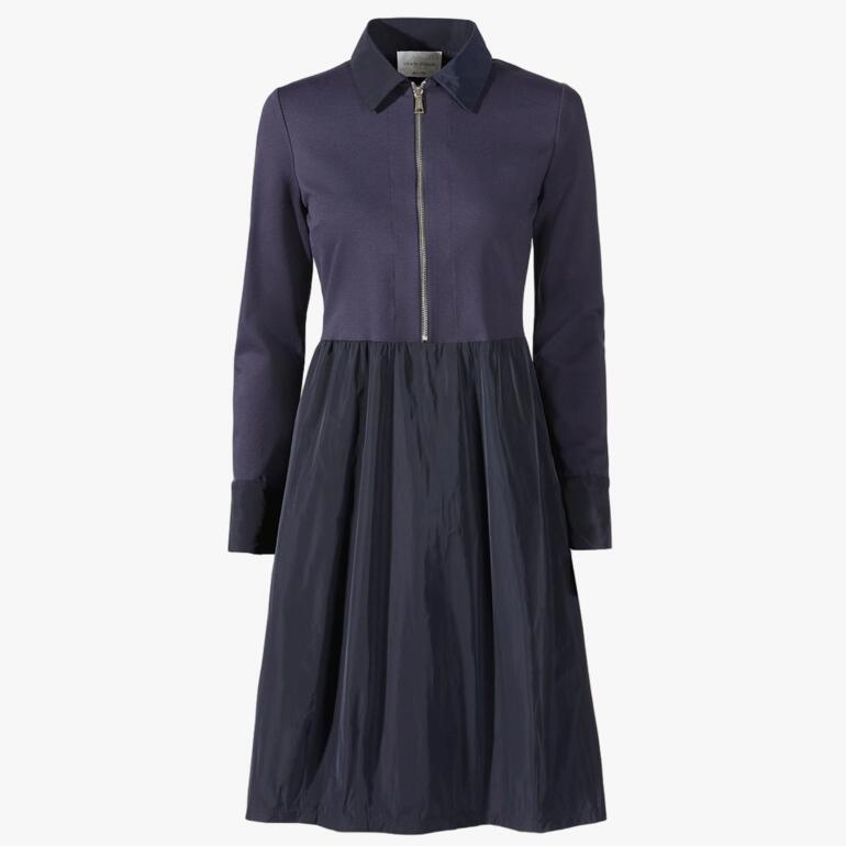 Volledige weergave van de navy casual jurk met elegant ontwerp en rits.