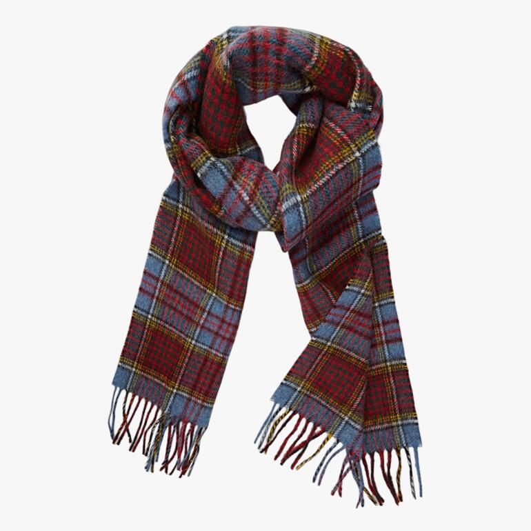 Lange geruite tweed sjaal van Moon, blauw en rood met franjes.