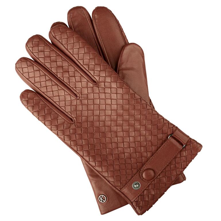 Bruine gevlochten leren handschoenen, plat liggend.