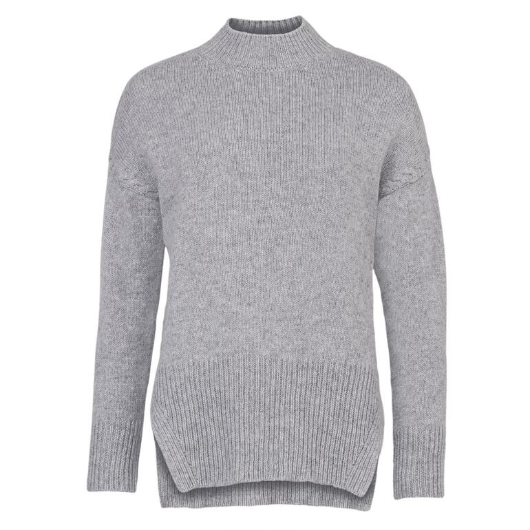 trui Voorkant van grijze merino-pullover met opstaande kraag
