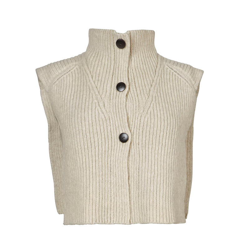 Beige kraag met drie zwarte knopen.