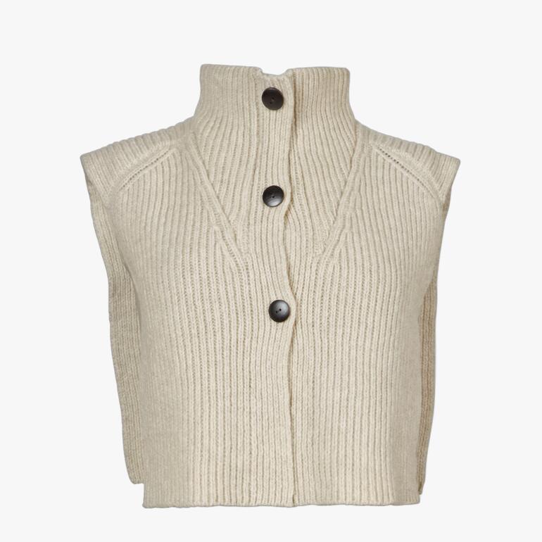 Beige kraag met drie zwarte knopen.