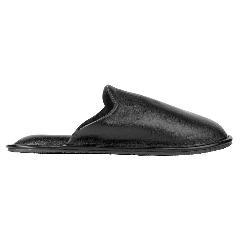 zwart Zijzicht van een zwarte Pillowstep leren pantoffel met een elegant ontwerp.