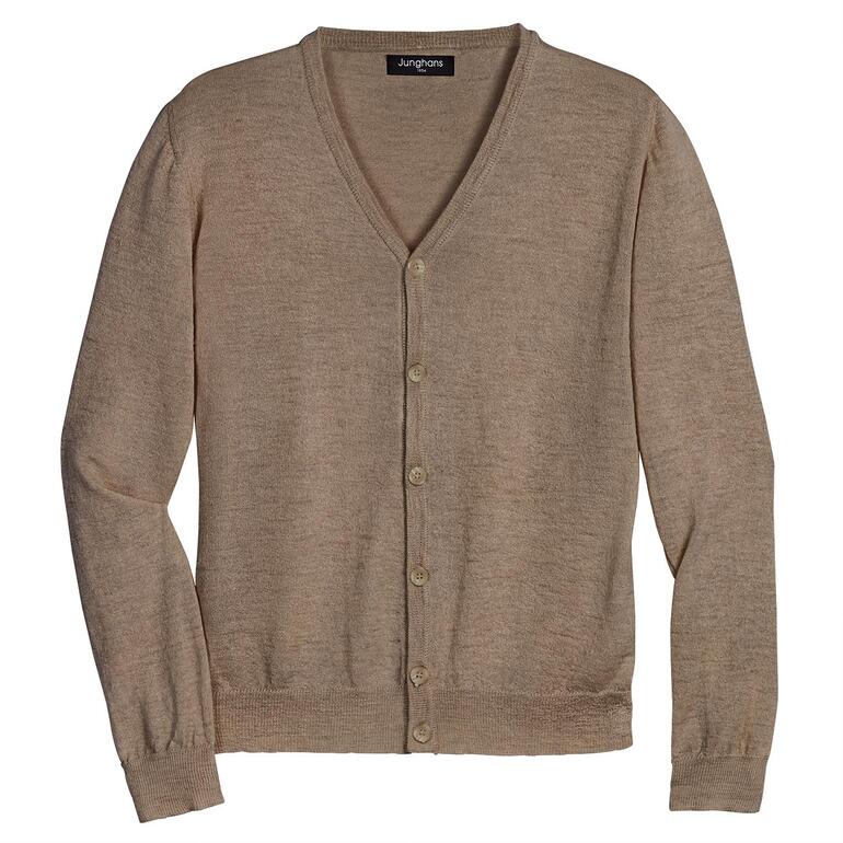 Beige lama-zijde cardigan met v-hals en knopen.