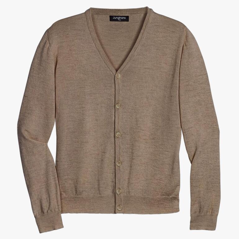 Beige lama-zijde cardigan met v-hals en knopen.