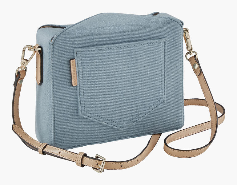 Blau Denim Boxy-Bag met een bruin schouderriem