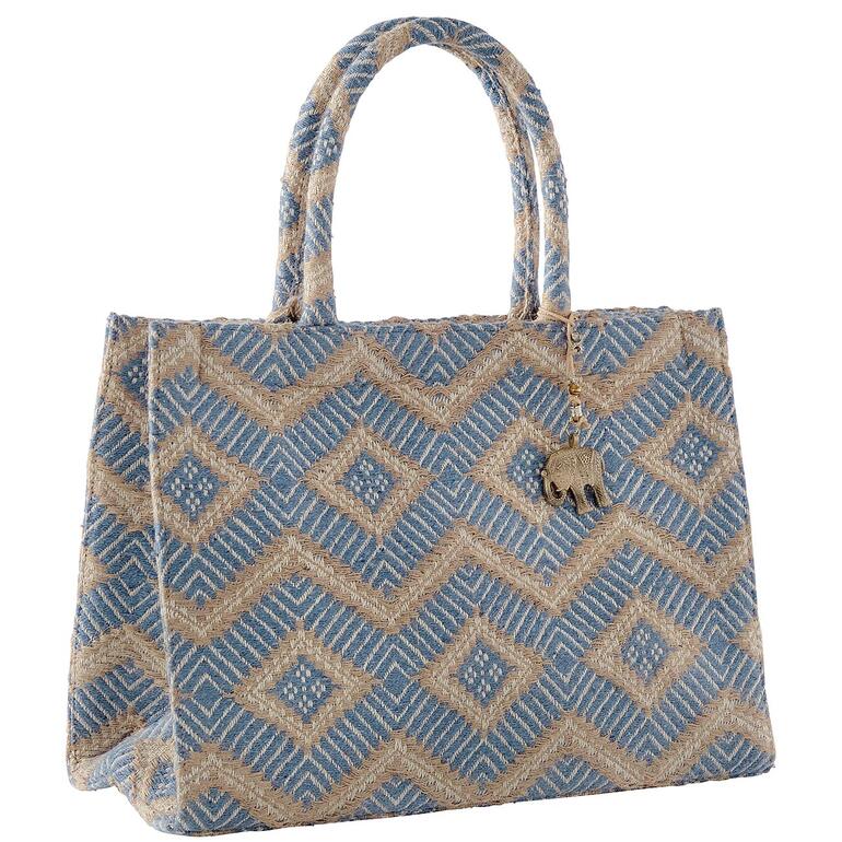 Voorkant van een Anokhi jacquard tote bag in blauw/natuur met gedetailleerd patroon.
