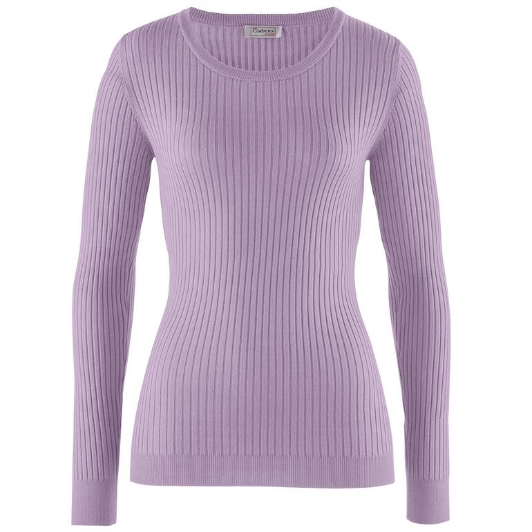 Vooraanzicht van de Carbery zijde-stretchpullover in paars met ribstructuur.