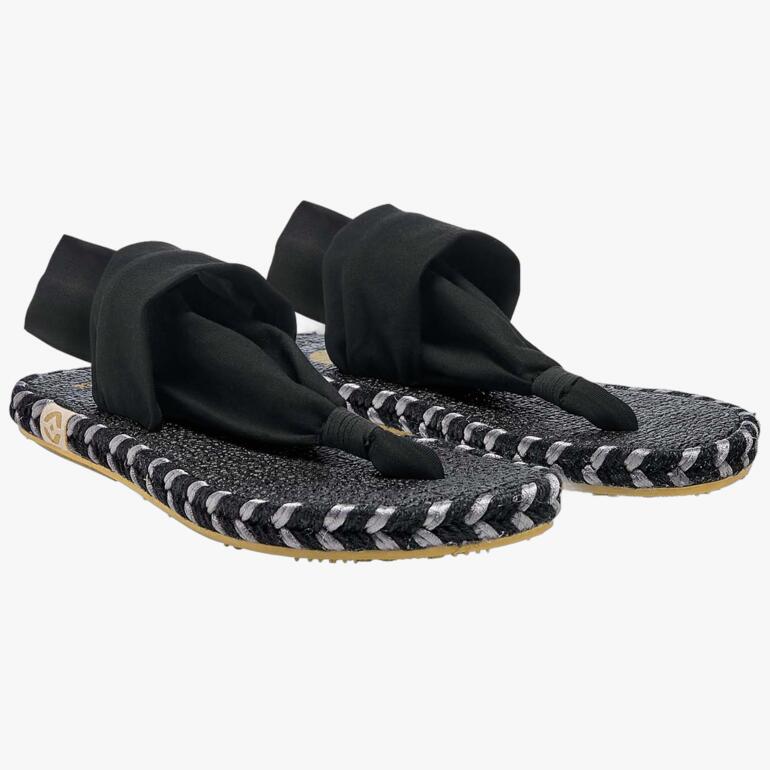 Twee zwarte Nalho yoga teensandalen naast elkaar