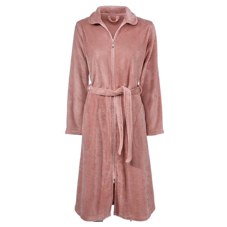Roze Couture badjas, van voren weergegeven op een witte achtergrond.