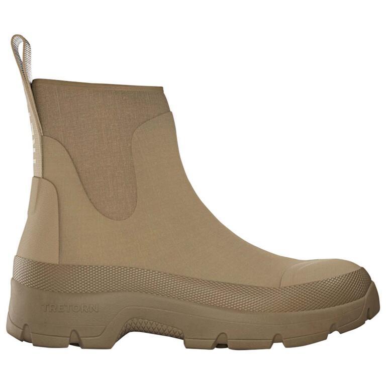 Zijaanzicht van een beige Tretorn neopreen Chelsea-boot.