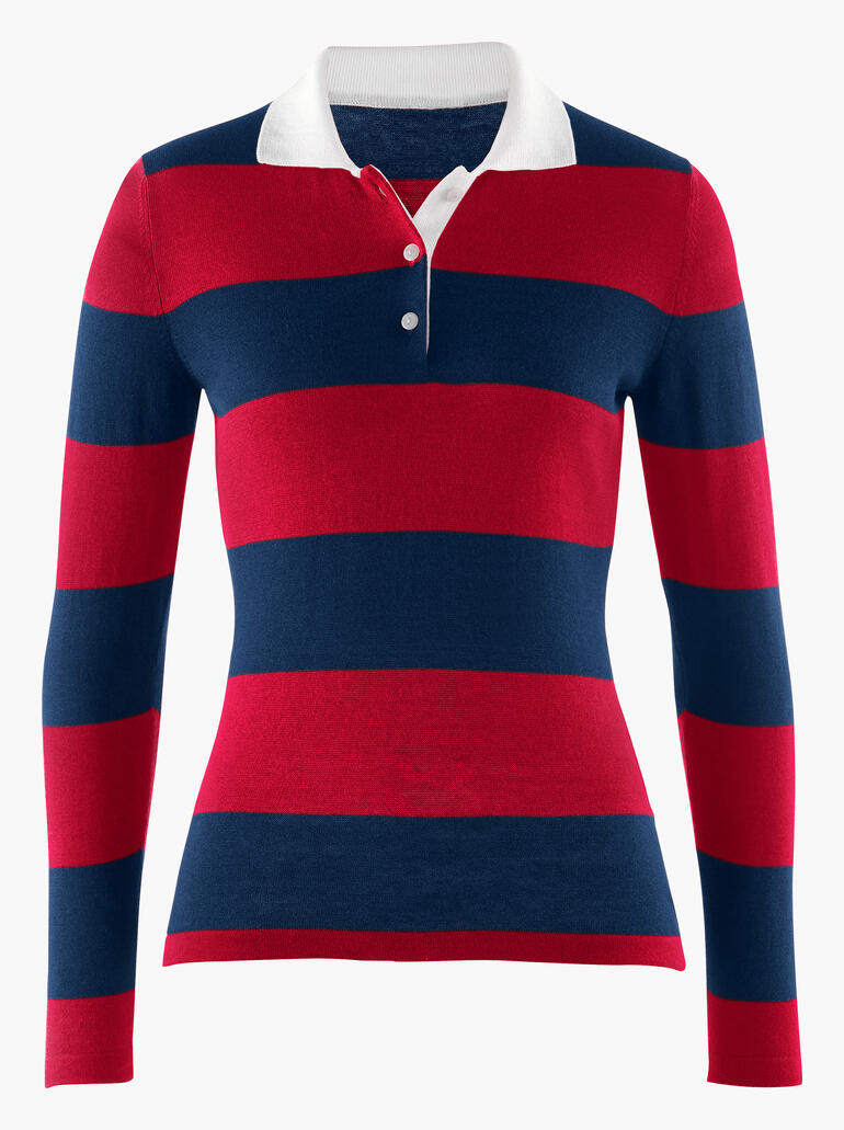 Rugby polo shirt in rood en blauw van voren.