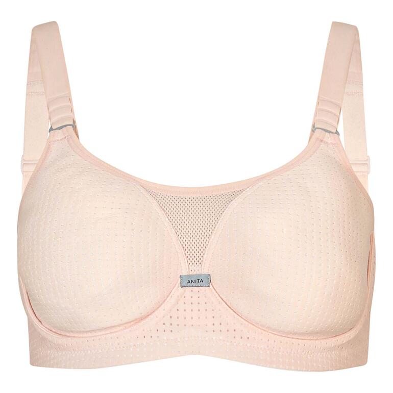 Beige sportbeha met luchtige netstructuur aan de voorkant.