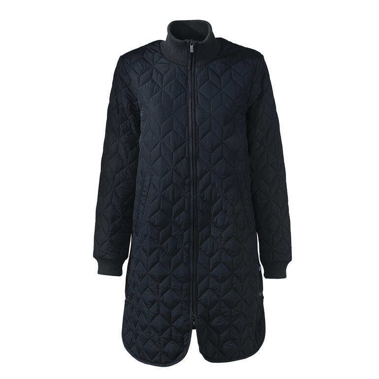 Zwarte gewatteerde jas met lange mouwen en een ritssluiting.