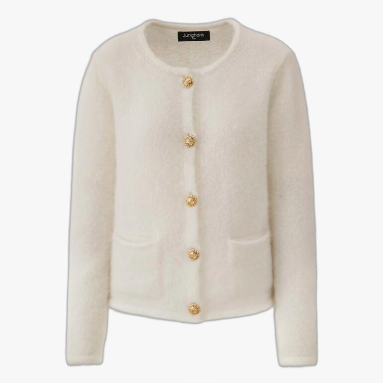 Witte mohair cardigan met knopen en twee zakken.
