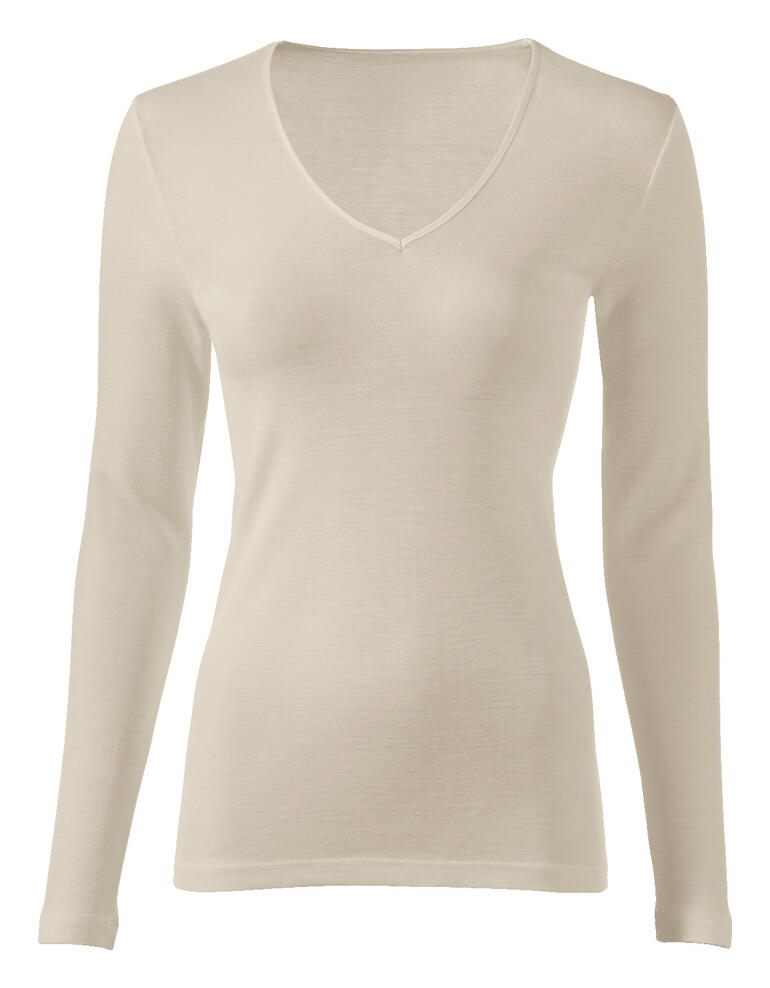 Beige Woolen Silk langarm T-shirt met V-hals.
