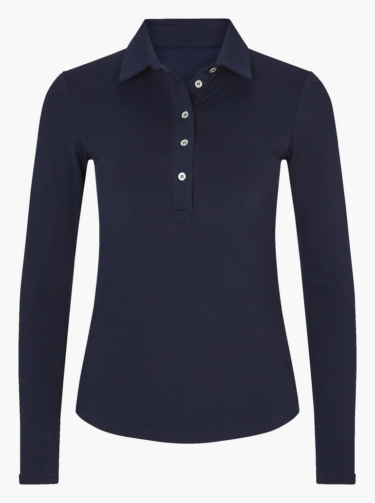 Navy winterpoloshirt met lange mouwen en knoopsluiting op een witte achtergrond.