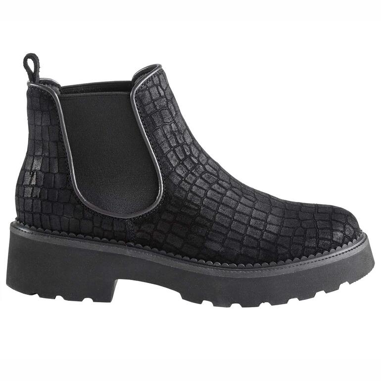 zwart Zijaanzicht van zwarte chelsea-boots met structuur.