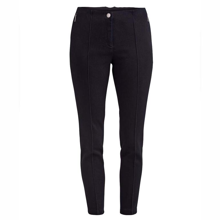 Vooraanzicht van een donkere jeans met zichtbaar gestikte naden en hoge taille.