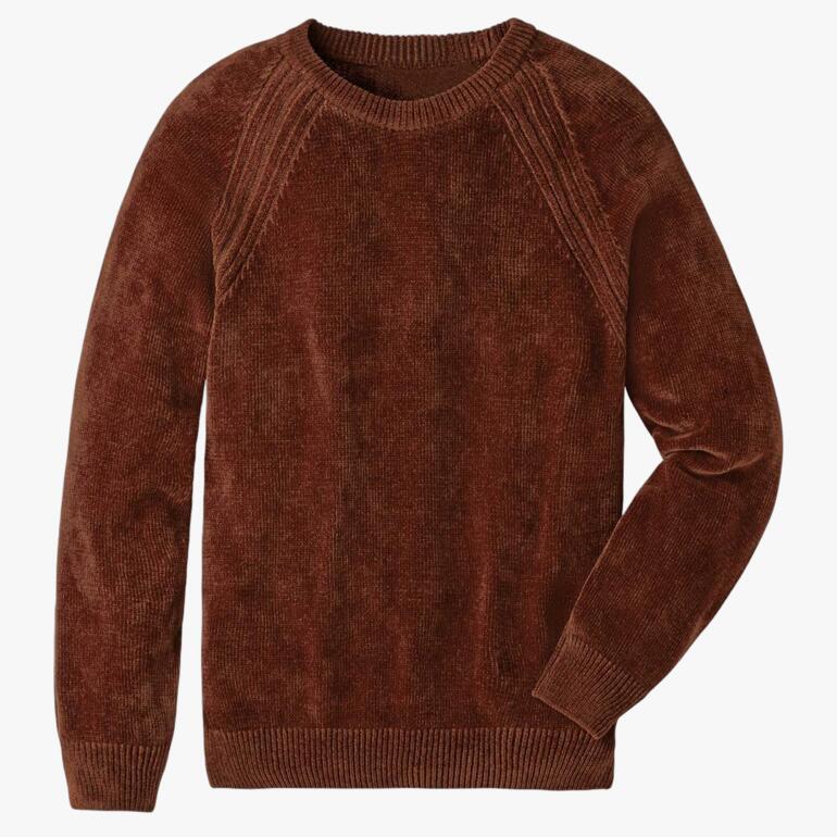 Bruine Mid-Century-pullover met geribde structuur op een witte achtergrond.