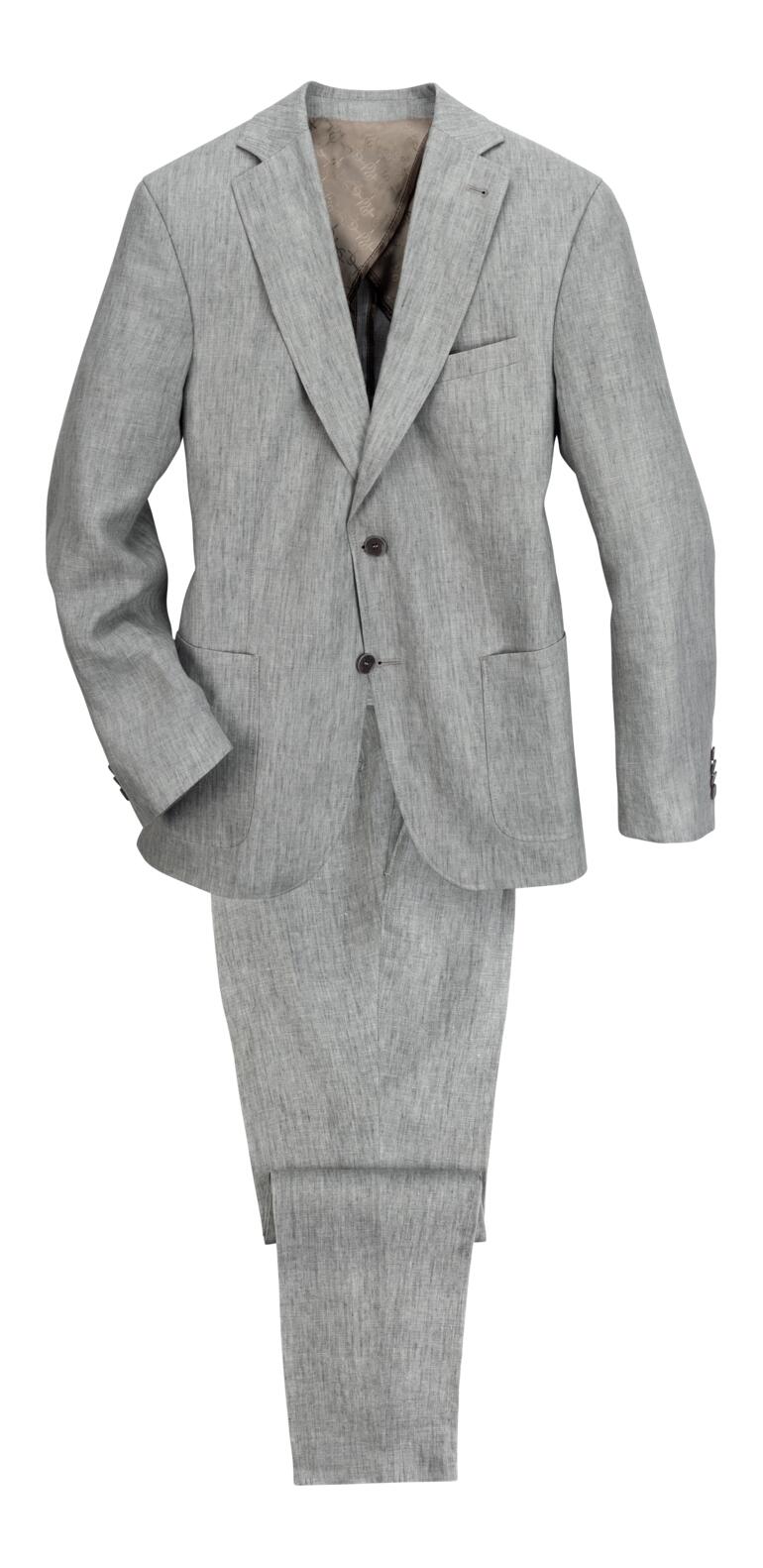 middelgrijs, colbert en broek Grijs linnen pak, bestaande uit een jasje en een broek, op een witte achtergrond.