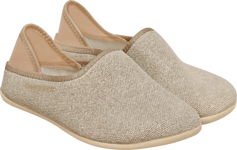 Beige OCONI linnen slipper van voren.