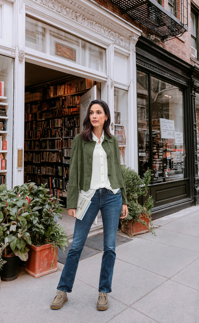 Vrouw in groene geitenvelours overhemdjas met blouse voor boekenwinkel