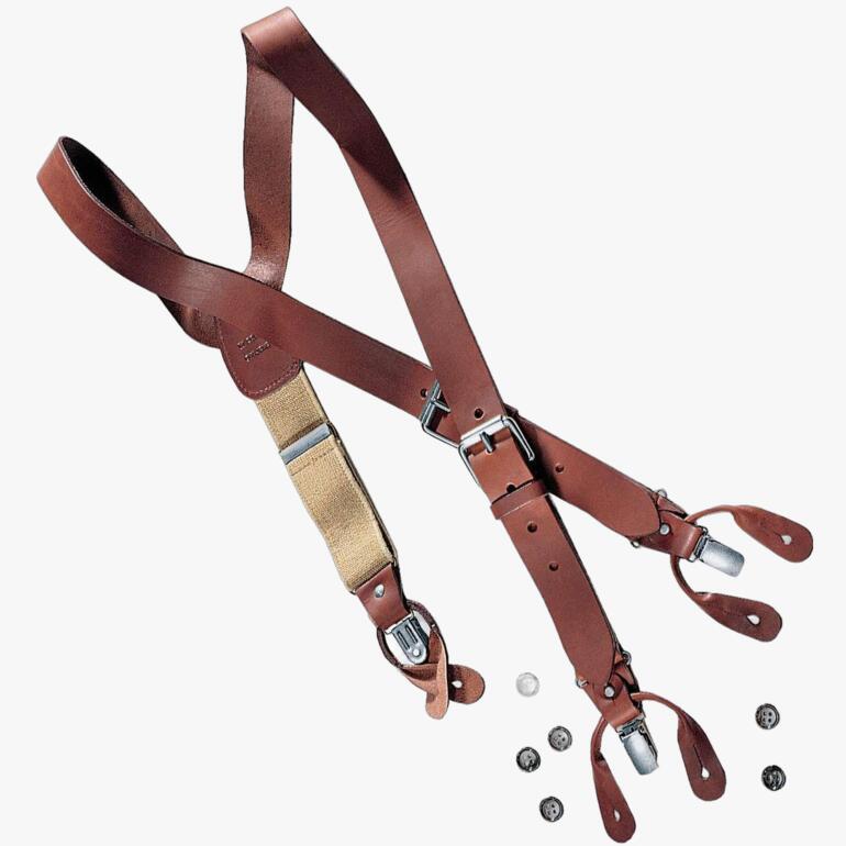 Bruine leren bretels met clips en verschillende maat elementen.