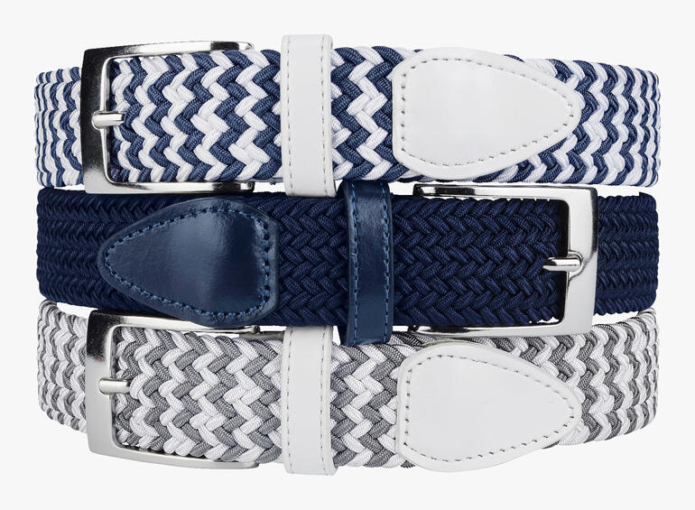 Bundel elastische riemen; kleuren: wit en jeansblauw met glanzende gespen