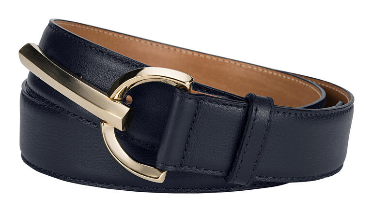 Donkerblauwe luxe damesriem van Ludwig Schröder met gouden gesp.