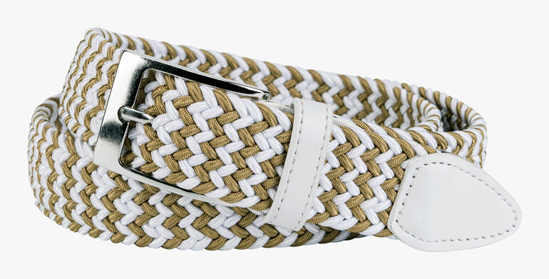 Elastische damesriem in wit en kaki, gevlochten ontwerp.