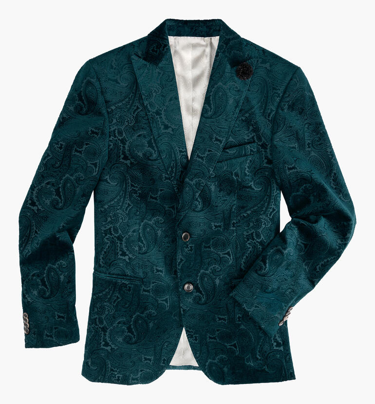Groene paisley blazer, gedetailleerde weergave met textuur en zakken.