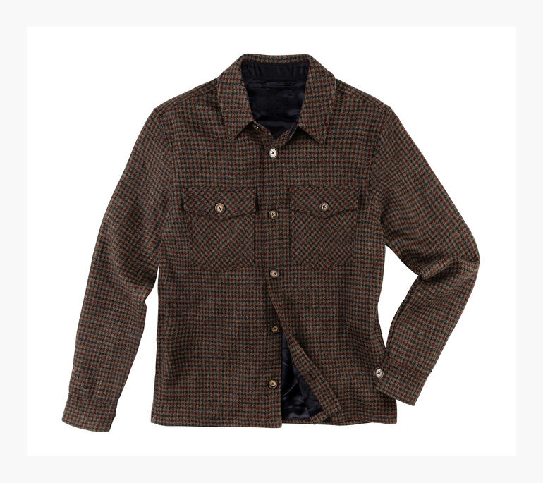Houndstooth overshirt in de kleur bruin op een witte achtergrond.