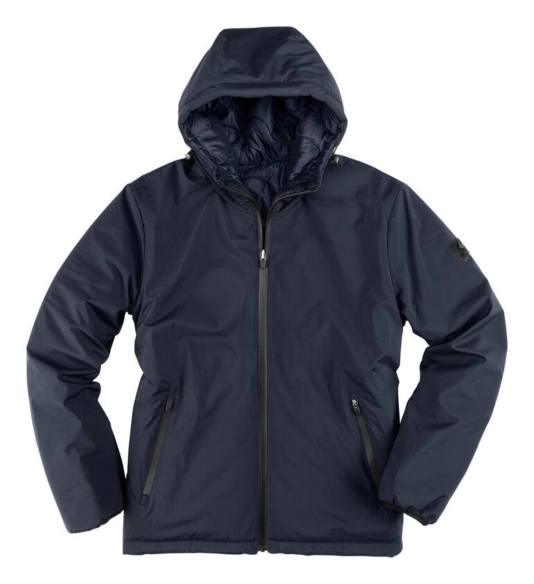 Keerbaar softshell-jack Softshell omkeerjas in donkere kleur, met capuchon en rits.