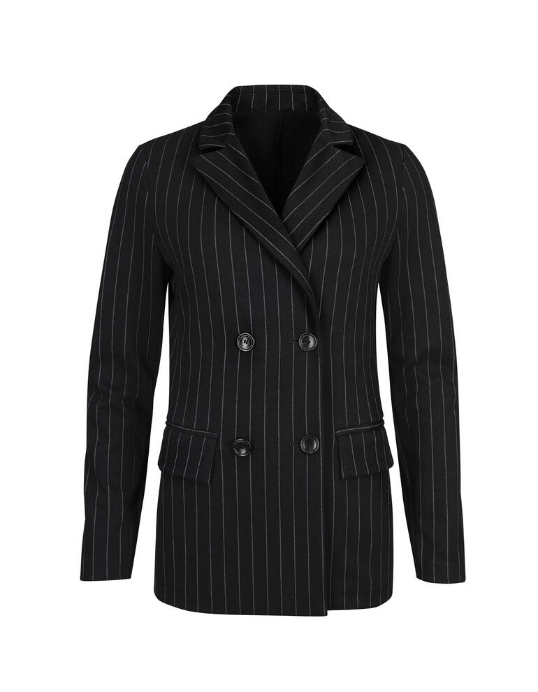 blazer Zwart pinstripe blazer met dubbele rij knopen, vooraanzicht.