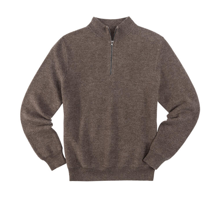 Schipperstrui van kasjmier-piqué - Zacht en warm dankzij kasjmier. Licht en luchtig dankzij piqué. Kasjmier piqué trui in bruin met rits.