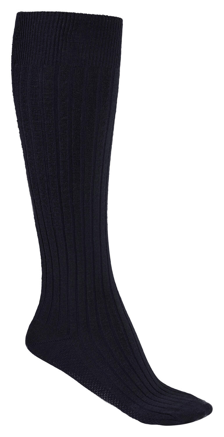 Marineblau Merino-compressiekousen voor heren, staand op een witte achtergrond.