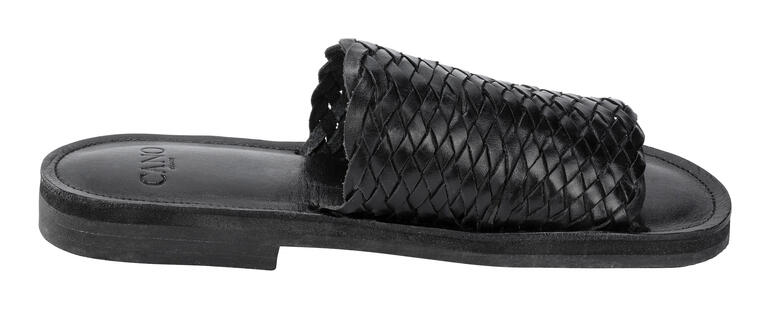 Cano gevlochten Huarache-schoenen Zwarte gevlochten slides van Cano, zijaanzicht.