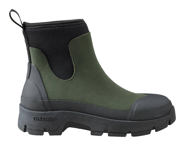 Neopreen Chelsea boots in khaki met zwarte rubberen zool.